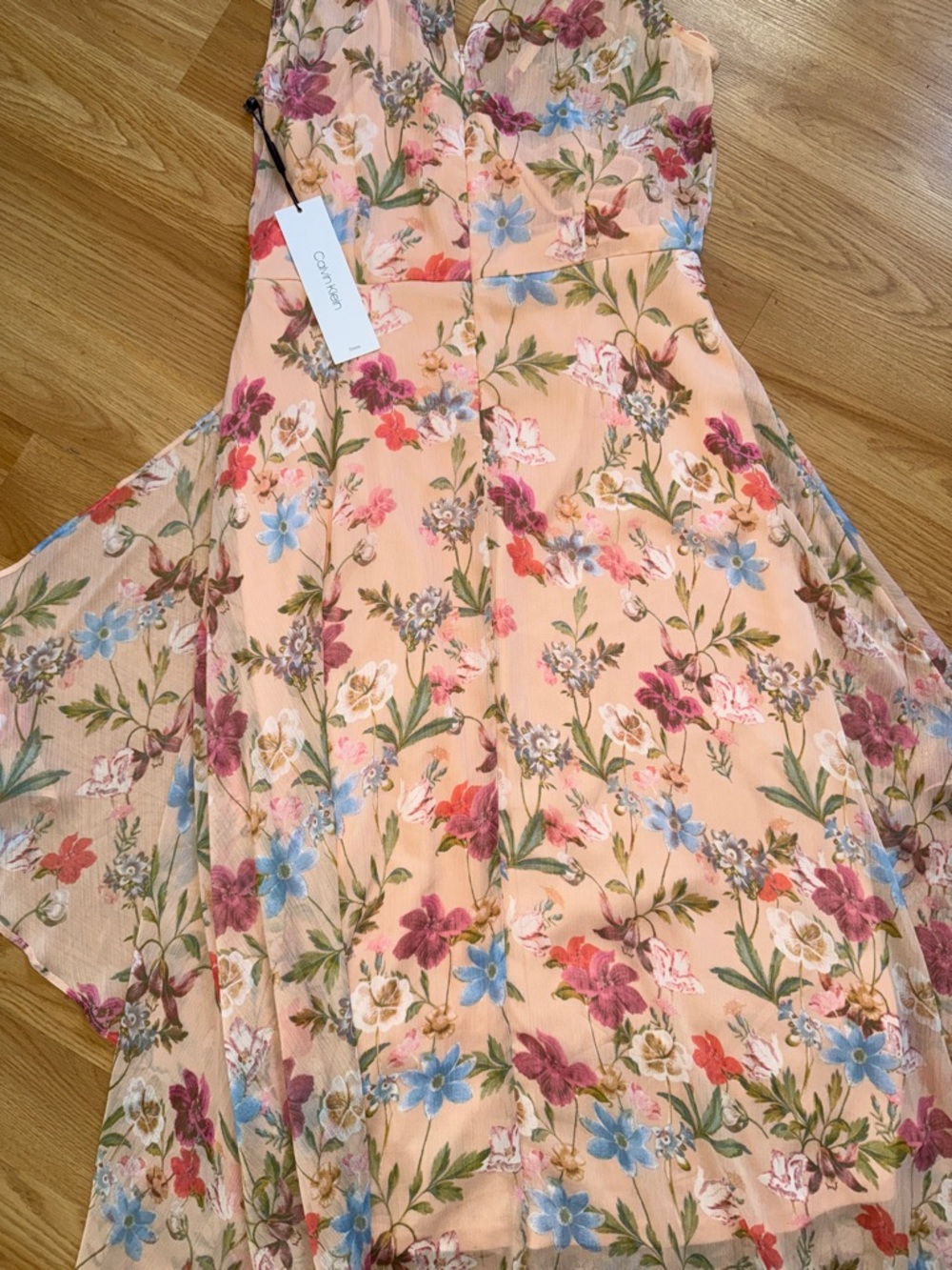 NWT Calvin Klein Peach Floral Sleeveless High-Low Sursplice Midi Dress - Picture 7 of 7